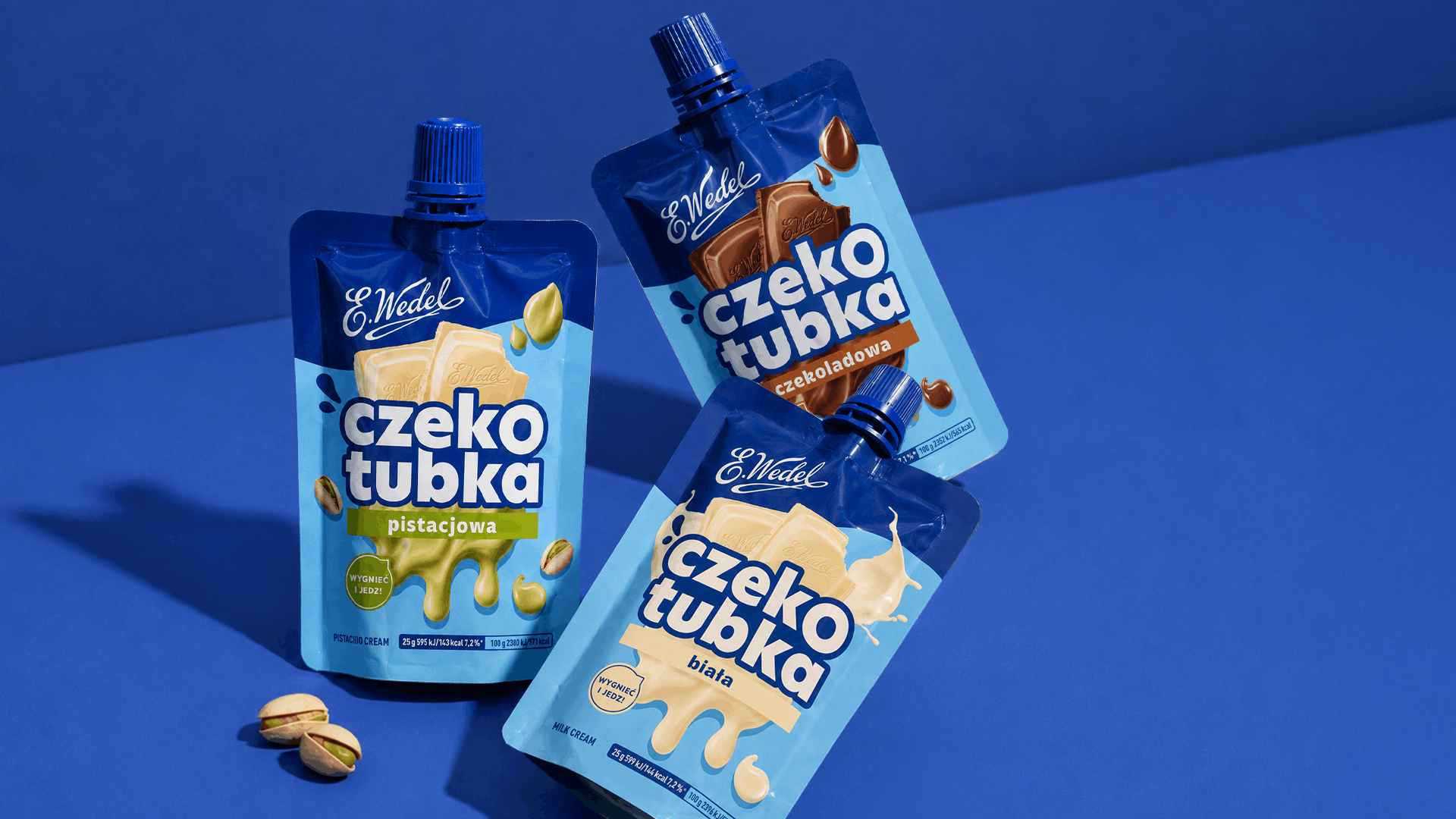 Trzy warianty Czekotubki E.Wedel: pistacjowa, czekoladowa i biała | projekt linii opakowań FYNK