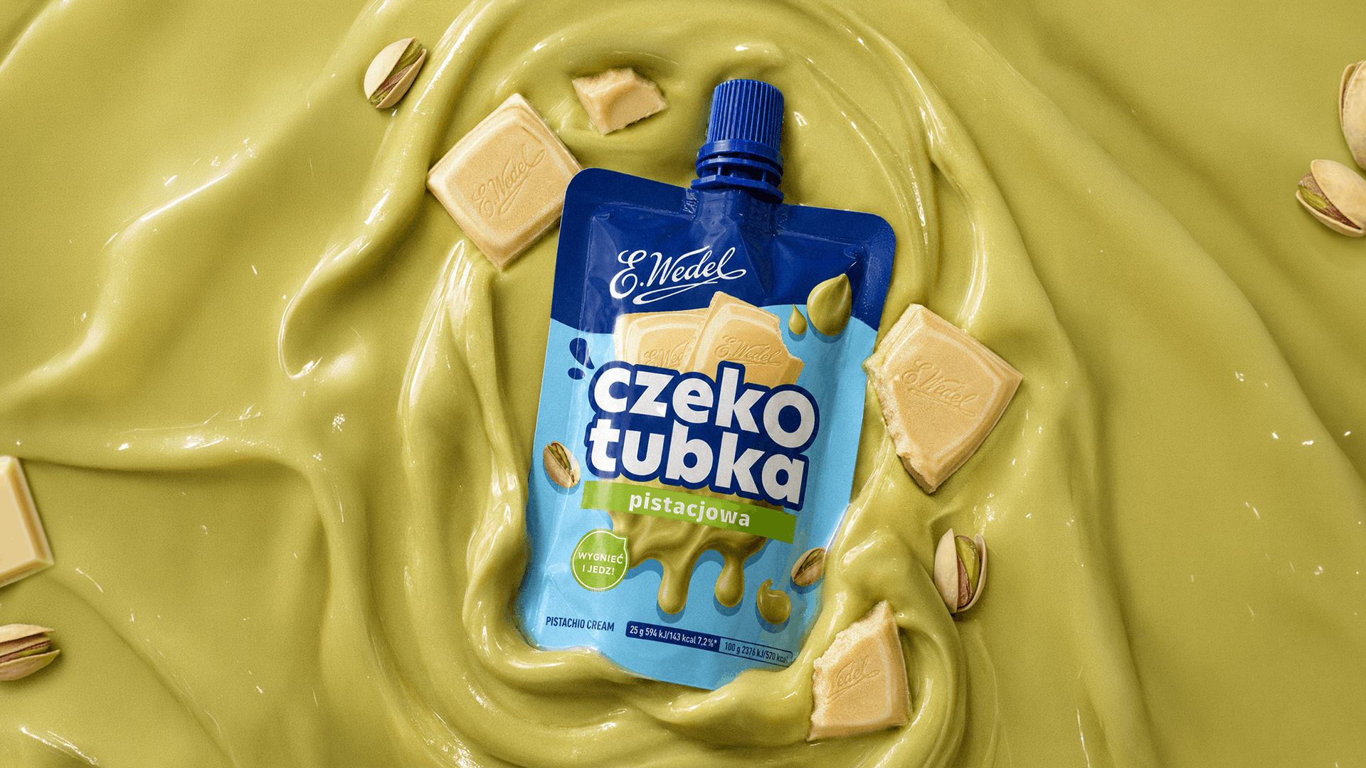 Czekotubka Pistacjowa E.Wedel — projekt opakowania na tle pistacjowego kremu | packaging design FYNK